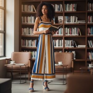 Japna Romper Jumpsuit Wide Leg Striped Sleeveless Yellow Blue Small